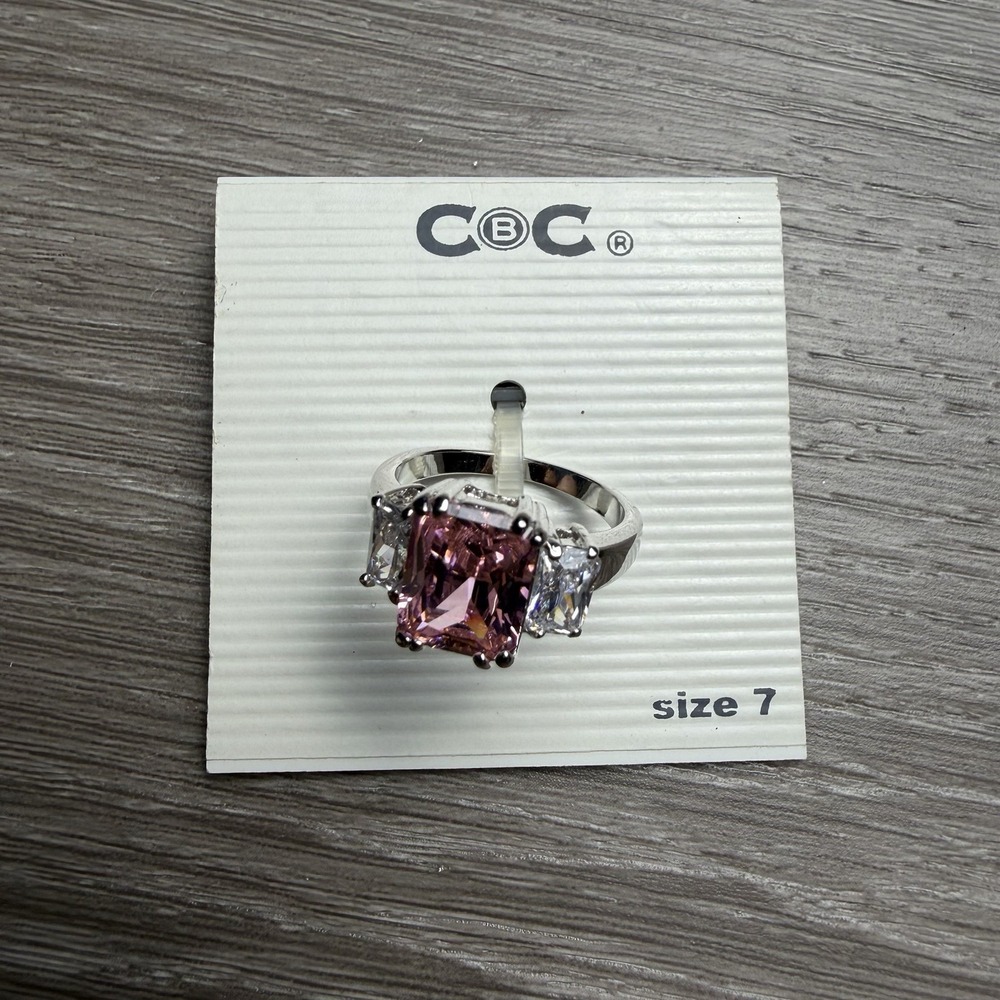 C&C‎ Brand Pink Emerald Cut Cocktail Ring Three Stone Silver Tone Size 7 New